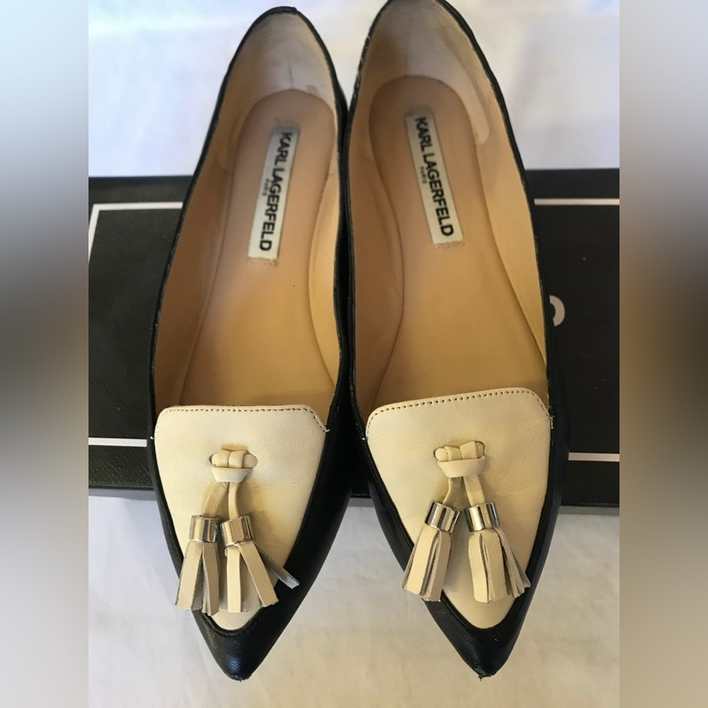 Karl Lagerfeld Paris "Vanna" tassel loafers in a black and white colorway